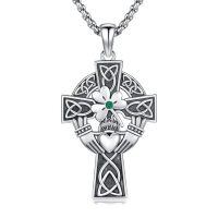 wholesale 925 Sterling Silver Celtic Cross Pendant with Green Emerald and Trinity Knots - Mens Womens Christian Religious s-Claddagh Cross