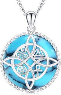 wholesale 925 Sterling Silver Round Celtic Knot Pendant with Blue Stone and Charms Necklace-B3-Turquoise