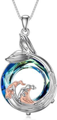 wholesale 925 Sterling Silver Whale Pendant with Blue Crystal and Rose Gold Wave Design Necklace-Mermaid Tail Crystal