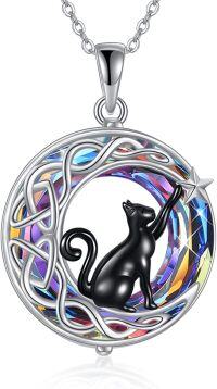 wholesale 925 Sterling Silver Rainbow Crystal Black Cat Moon Pendant Necklace for Women-Black Cat Moon Volcano Crystal