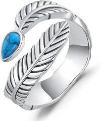 wholesale 925 Sterling Silver & Turquoise Adjustable Feather Ring – Elegant, Durable, Perfect Gift for Any Occasion-Feather-Turquoise