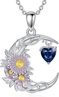 wholesale 925 Sterling Silver Birthstone Crescent Moon Floral Pendant Necklace-09-Sep-Aster