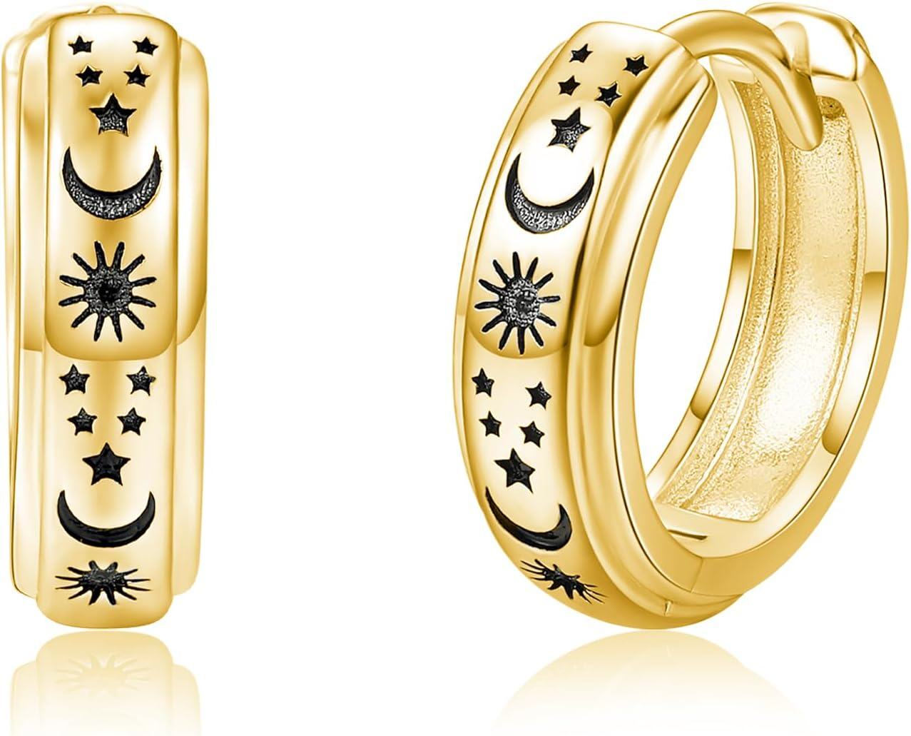wholesale Gold 925 Sterling Silver Sun & Moon Huggie Hoop Earrings with Stars - 925 Jewelry for Women and Men-0-0