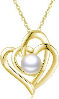 wholesale 14K Gold Double Heart with White Pearl Pendant Necklace for Women-heart A gold
