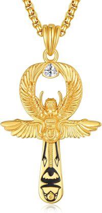 wholesale Gold 925 Sterling Silver Egyptian Scarab Ankh Cross Pendant with Cubic Zirconia and Black Enamel Accents on 24 Box Chain for Men Women  Set-Yellow Gold