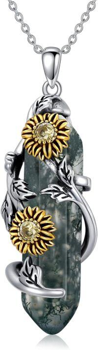 wholesale 925 Sterling Silver Green Moss Agate Sunflower Pendant Necklace Gemstone s for Women-Silver