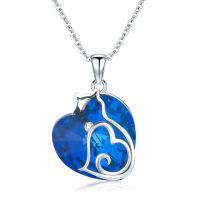 TOUPOP Sterling Silver & Blue Crystal Cat Heart Pendant Necklace-undefined