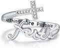 wholesale 925 Sterling Silver Faith Cross Ring with Cubic Zirconia and Engraved Message All Things Are Possible - Adjustable Size Religious Jewelry for Women-0-0