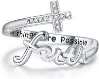wholesale 925 Sterling Silver Faith Cross Ring with Cubic Zirconia and Engraved Message All Things Are Possible - Adjustable Size Religious Jewelry for Women-US Size 9