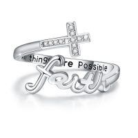 wholesale Sterling Silver Faith Cross Ring All Things Are Possible Cubic Zirconia Open Ring-US # 4