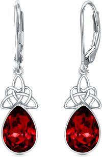 wholesale Sterling Silver Crystal Leverback Celtic Knot Birthstone Drop Earrings for Women-January Birthstone-Simulated Ruby