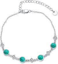 wholesale 925 Sterling Silver Green Turquoise and White CZ Beaded Chain Anklet for Women 7 + Extender-Turquoise