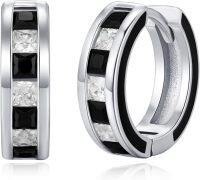 wholesale 925 Sterling Silver Black & White Cubic Zirconia Huggie Hoop Earrings for Men and Women-Zircon Earrings