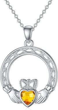 wholesale 925 Sterling Silver Claddagh Necklace w Simulated Birthstone Celtic Knot Heart Pendant-11-November