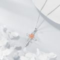 wholesale 925 Sterling Silver Floral Cross Pendant Necklace with Pink Lotus and Leaves Design Birthstone Jewelry for Women-0-1