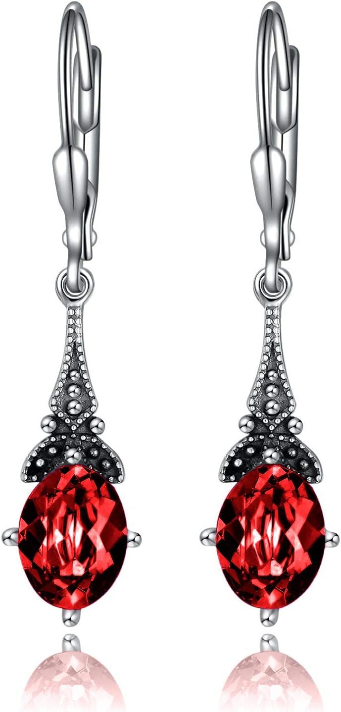 Sterling Silver Austrian Crystal Vintage Drop Dangle Leverback Earrings-Red
