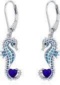 wholesale 925 Sterling Silver Birthstone Blue Seahorse Heart Drop Dangle Earrings for Women-0-0