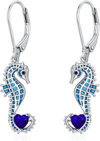 wholesale 925 Sterling Silver Birthstone Blue Seahorse Heart Drop Dangle Earrings for Women-September