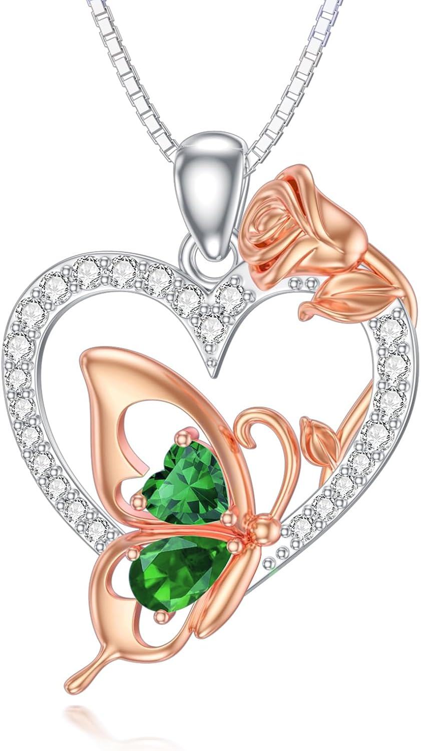  Sterling Silver Zircon Butterfly Heart Necklace for Women Birthday Gift -May