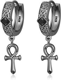 wholesale 925 Sterling Silver Metal Stone Ankh Hoop Earrings for Men & Women-Ankh Hoop Earrings-Black