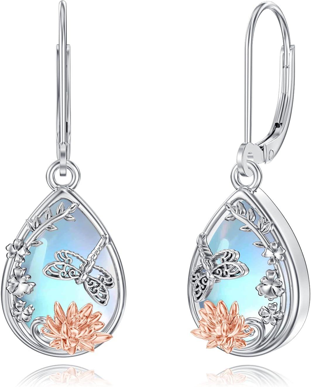 925 Sterling Silver Moonstone Butterfly Lotus Filigree Teardrop Dangle Leverback Earrings-0-0