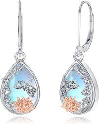 wholesale 925 Sterling Silver Moonstone Butterfly Lotus Filigree Teardrop Dangle Leverback Earrings-Moonstone