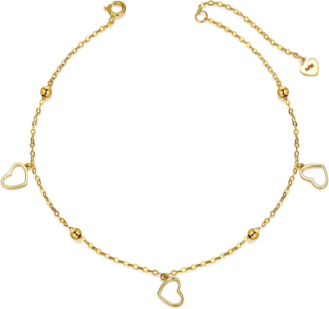 wholesale 14K Gold Anklet with Hearts and Beads - Adjustable Length 9-12 s for Women-0-0