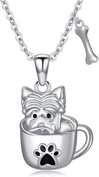 wholesale 925 Sterling Silver Mug with Puppy and Bone Charm Necklace-Yorkie