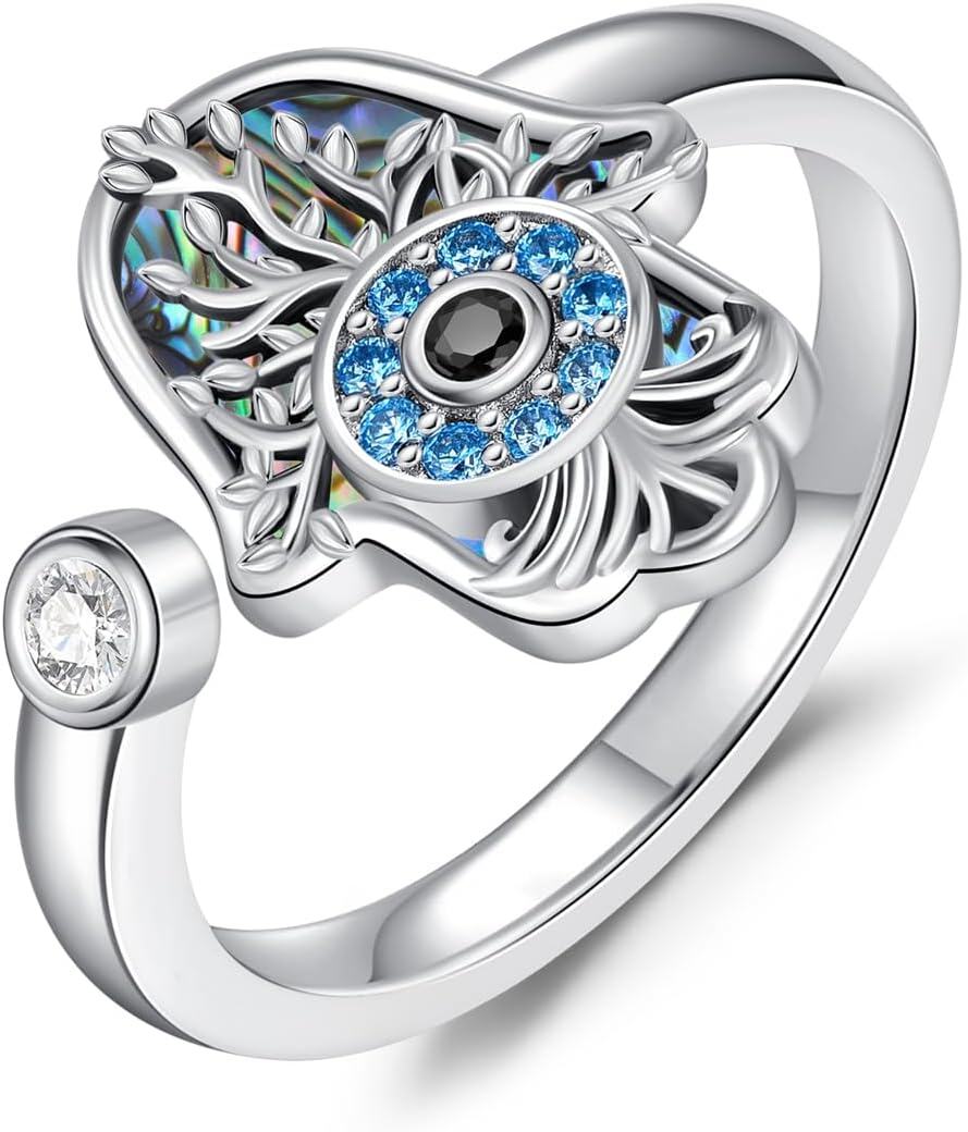 Sterling Silver Hamsa Evil Eye Chakra Adjustable Open Ring-Evil Eye