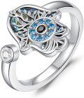 wholesale 925 Sterling Silver Hamsa Evil Eye Chakra Adjustable Open Ring-0-0