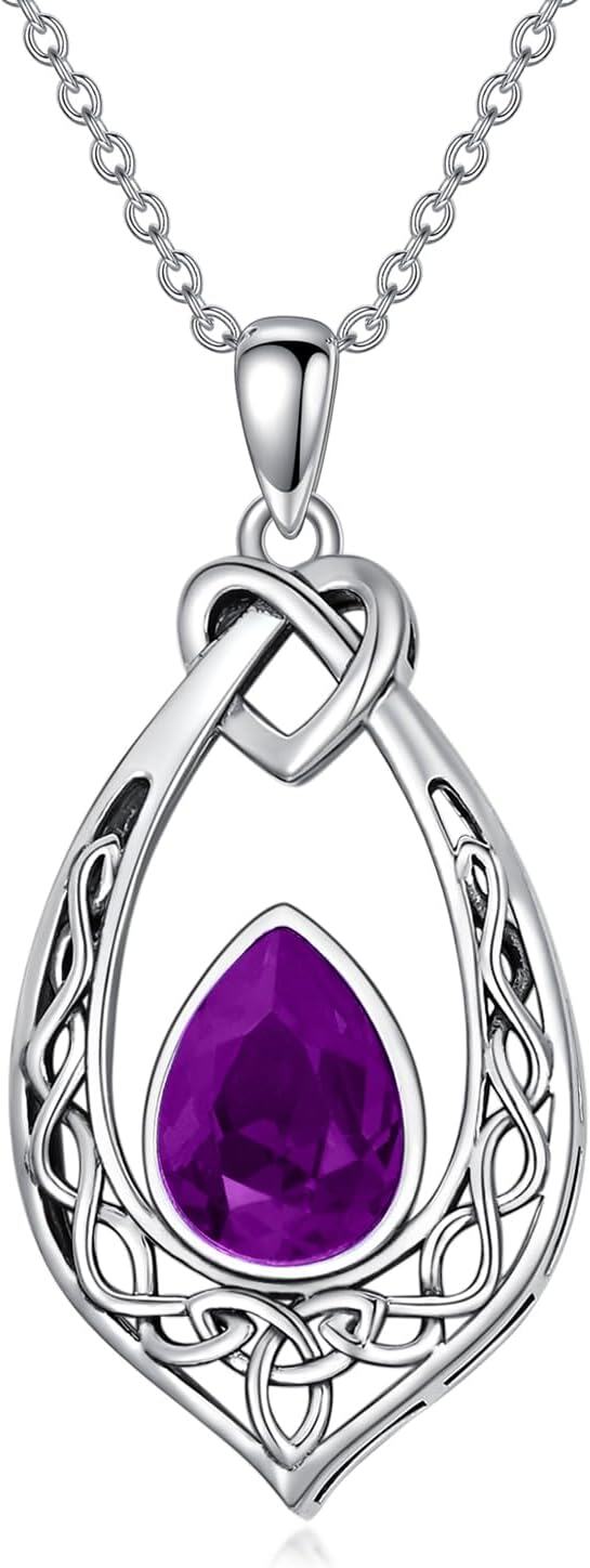 Sterling Silver Simulated Birthstone Celtic Knot Necklace Oxidized Vintage Love Knot Pendant Women s Jewelry Gift-Amethyst Purple