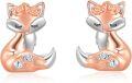 wholesale 925 Sterling Silver Rose Gold Fox Stud Earrings with Flower Crown and Crystal Tail for Women-0-0