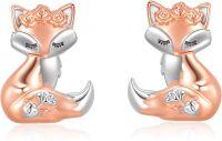 wholesale 925 Sterling Silver Rose Gold Fox Stud Earrings with Flower Crown and Crystal Tail for Women-fox earrings