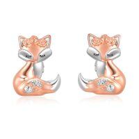 wholesale 925 Sterling Silver Rose Gold Fox Stud Earrings with Flower Crown and Crystal Tail for Women-fox earrings