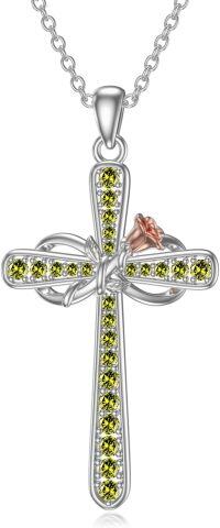 wholesale 925 Sterling Silver Birthstone Rose Flower Infinity Cross Necklace for Women-08-Aug-Peridot