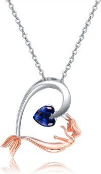 wholesale 925 Sterling Silver Blue CZ Heart Mermaid Tail Pendant Necklace-Mermaid & Heart