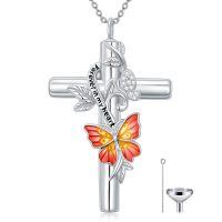 wholesale 925 Sterling Silver & Moissanite Red Butterfly Christian Cross Urn Necklace for Ashes, Hair, Keepsake-C-Red