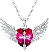 wholesale Sterling Silver Gold Angel Wings Necklace with Cross Birthstone Valentine s Gift-07-July-Ruby White Gold