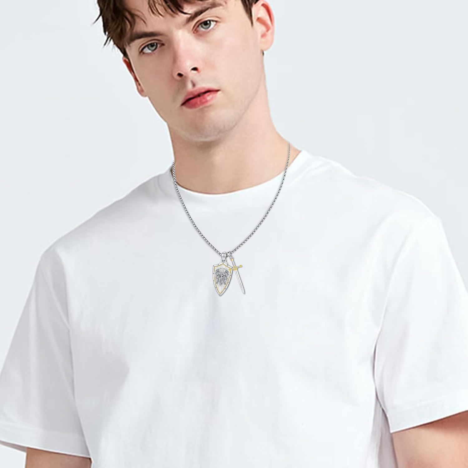 wholesale 925 Sterling Silver Metal Stone Saint Michael Christopher Judas Benedict Joseph Jude Sword Shield Pendant Necklace for Men Religious Talisman Amulet Gift-0-4