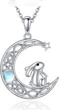 wholesale 925 Sterling Silver Bunny on Crescent Moon with Star and Opal Pendant Necklace-0-0
