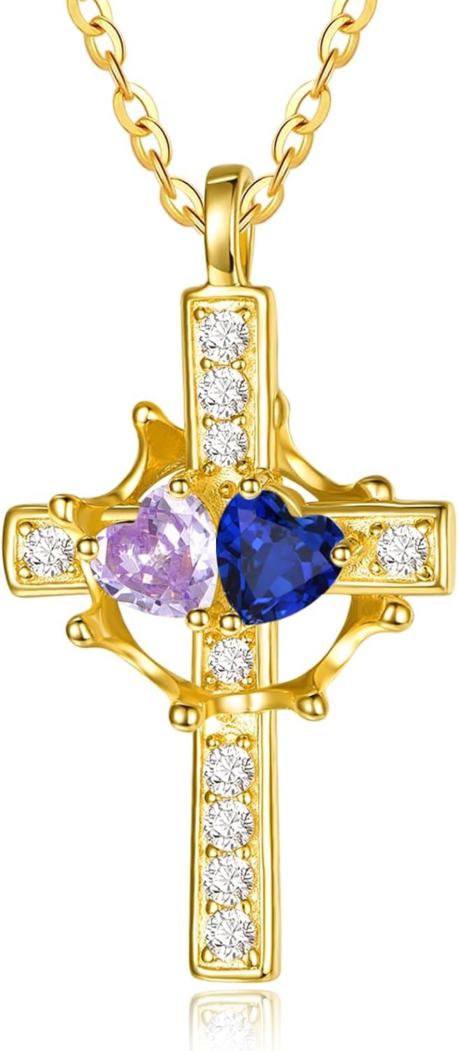 Sterling Silver Birthstones Gold Cross Necklace for Women -06-09-Jun-Sept-06-09-Jun-Sept