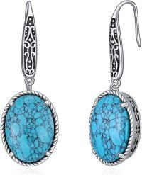 wholesale Sterling Silver Turquoise Retro Green Dangle Hook Earrings Vintage Filigree Western Jewelry Women Gifts-Oval