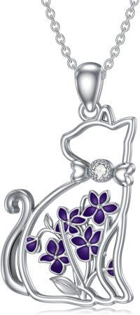 wholesale Sterling Silver Lab Grown Diamond Cat Birth Flower Necklace for Women-2-Cat and Violet