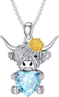 wholesale Metal Stone Highland Cow Pendant Necklace w Heart Birthstone Women s Gift-March