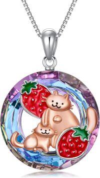 wholesale 925 Sterling Silver Cat Strawberry Round Crystal Pendant Necklace  for Women Girls-Strawberry Cat