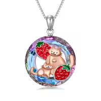 wholesale 925 Sterling Silver Cat Strawberry Round Crystal Pendant Necklace Wholesale  for Women Girls-Strawberry Cat