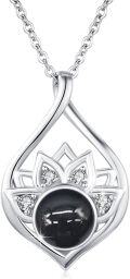 wholesale 925 Sterling Silver Black Cat's Eye & Zircon Lotus Pendant Necklace, 18+2 Chain, 24.5x16mm-0-0