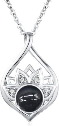 wholesale 925 Sterling Silver Black Cat's Eye & Zircon Lotus Pendant Necklace, 18+2 Chain, 24.5x16mm-03-Black Cat's Eye