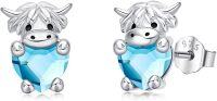wholesale 925 Sterling Silver Birthstone Highland Cow Stud Earrings Cute Animal Jewelry Gift for Women Girls-Silver-12-Dec
