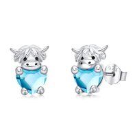 wholesale 925 Sterling Silver Birthstone Highland Cow Stud Earrings Cute Animal Jewelry Gift for Women Girls-Silver-12-Dec